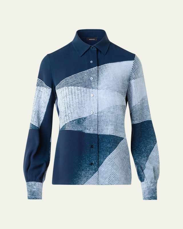 Zigzag Print Silk Crepe Button-Down Blouse